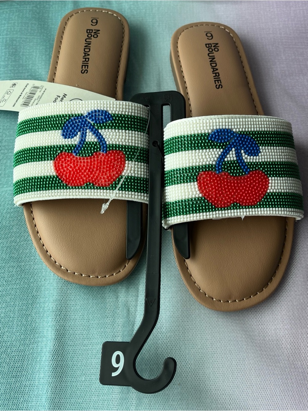 No Boundaries Women’s Slide Sandals Striped Beaded Cherries Green/White 6